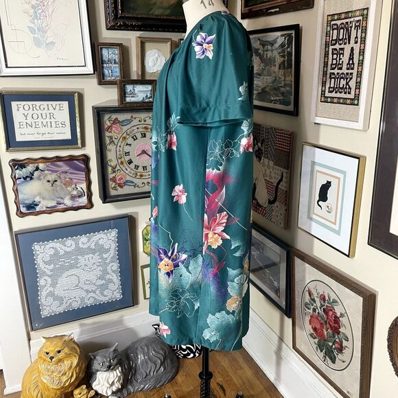 80s Vintage Sears At Home Green and Pink Orchid Print Patio Dress MuuMuu OSFM - Picture 3 of 5